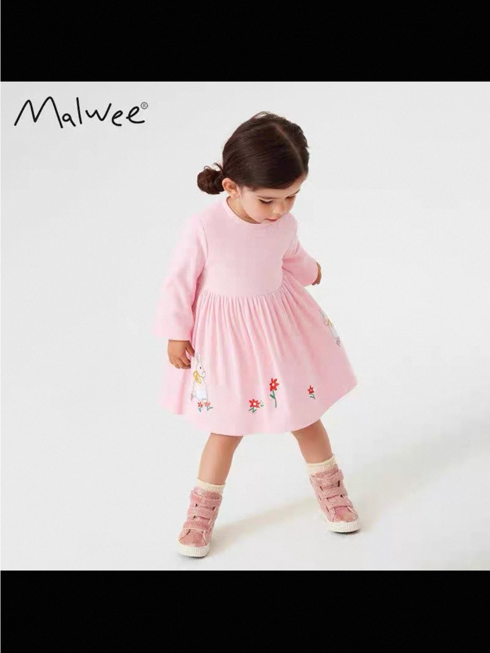 Malwee Pink Long-Sleeve Embroidered Baby Dress 5-6T Cotton NEW